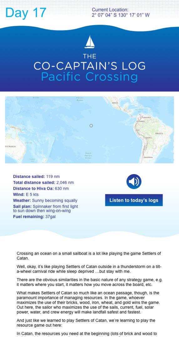 Screenshot of an email from the Pacific Crossing immersive experience which includes our daily position, audio of our logs, and photos